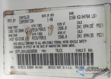 1998 Dodge Dakota Slt/Sport from USA, damaged, VIN 1B7FL26X1WS638580